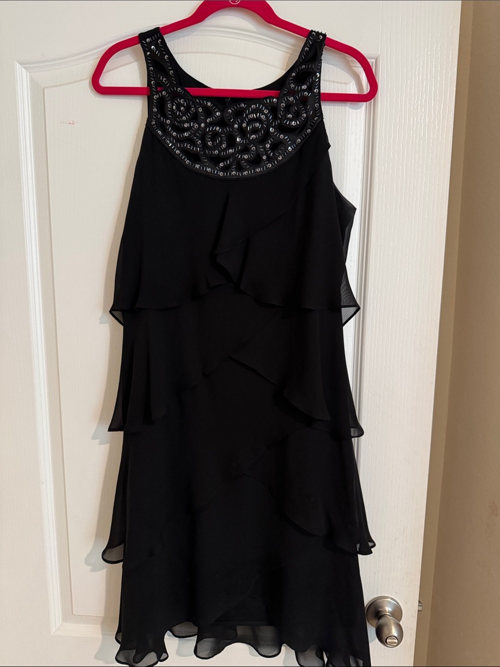 SLNY Black Beaded Ruffled Mini Dress